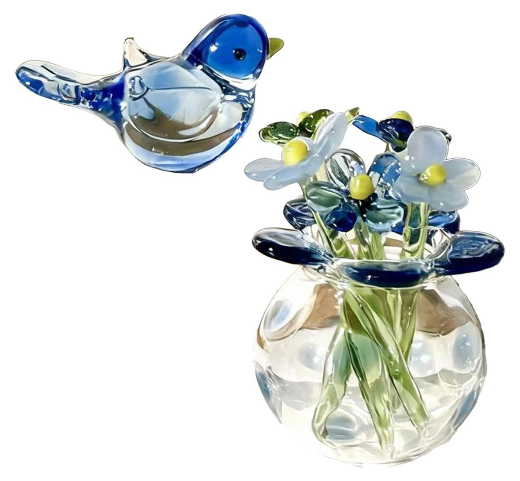 Miniatur-Glasblumenfigur, kleiner handgeblasener Kunstkristall-Blumenstrauß in Vase mit Schmetterling/Vogel/Biene, Sammlerstück, Tischdekoration ...