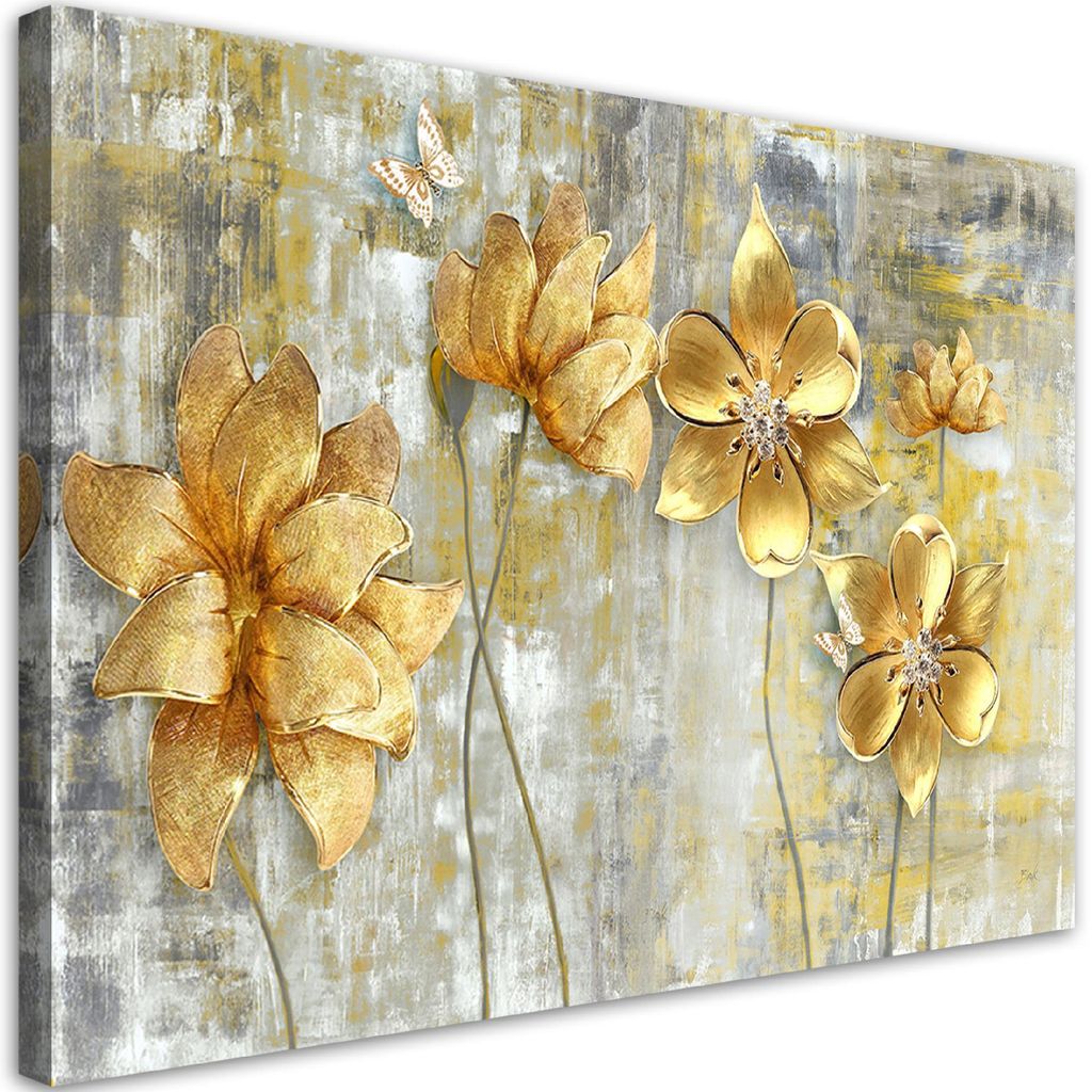 Leinwandbild Goldene Blumen und Schmetterlinge 90x60 Feeby Gold bild für die wand bereit zum aufhängen