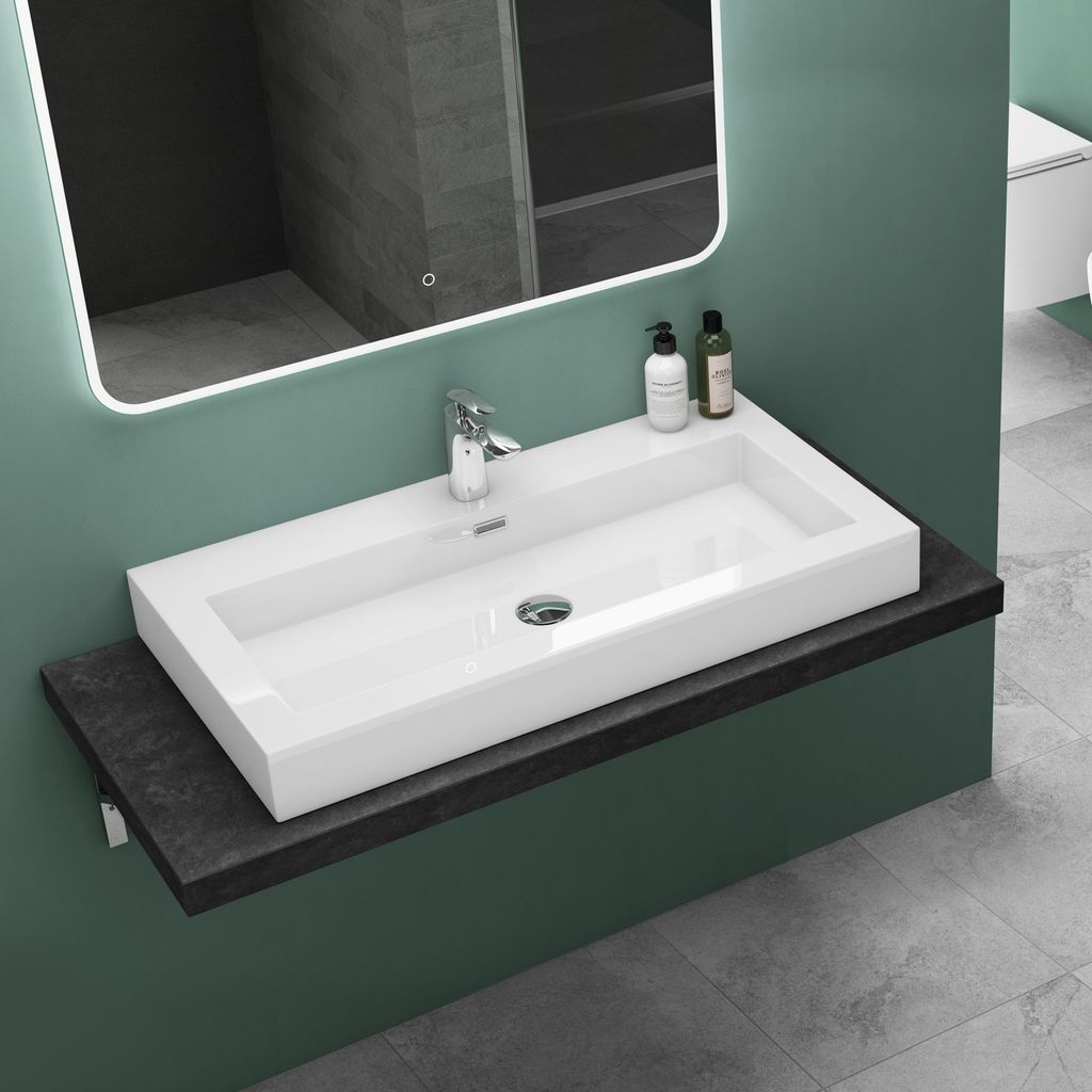 Mai&Mai Waschbecken Mineralguss Weiß, 90x48x10 cm (BxTxH), Produktbild 
