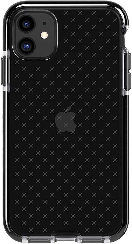A black iPhone 11 with a textured case is shown from the back.