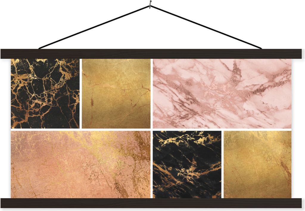 MuchoWow Textilposter Marmor - Stein - Gold 90x45 cm mit schwarzem Rahmen - Klemmleisten