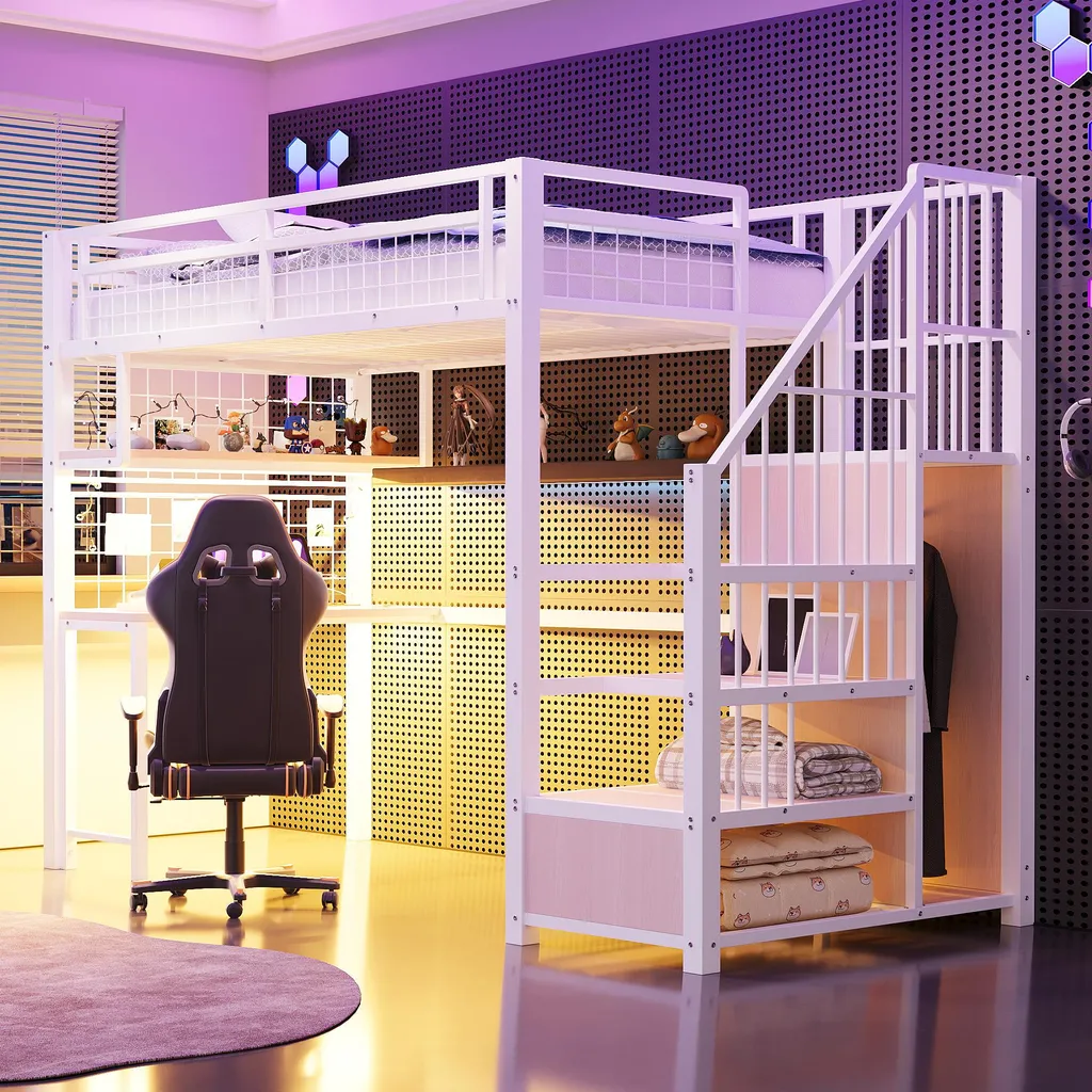 Lit Mezzanine 90x200 cm OKWISH Blanc avec Bureau et Armoire en Métal