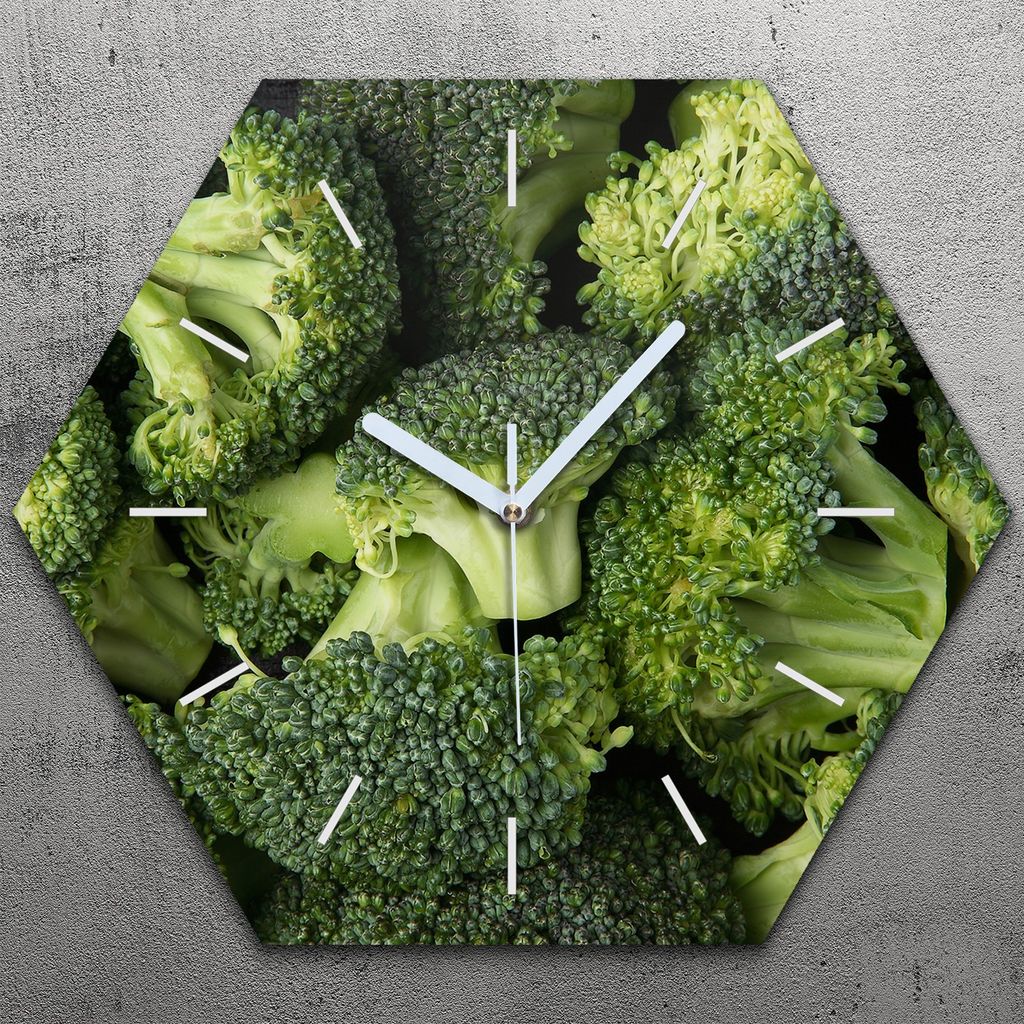 Uhr hexagonal 40 cm Glas Geräuschlos weiße Zeiger - grüner frischer Brokkoli