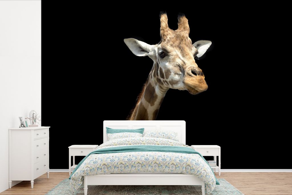 MuchoWow Fototapete für Wohnzimmer oder Schlafzimmer Wandtapete Vinyl Motivtapete Giraffenkopf für schwarzen Hintergrund - 525x350 cm - Das Hin...