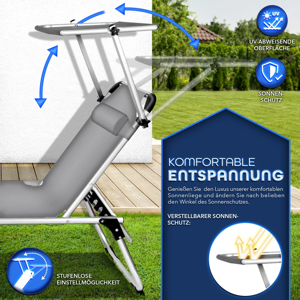 tillvex® Lettino prendisole con tetto e cuscino per la testa grigio - rivestimento Basic | lettino da giardino pieghevole | lettino da spiaggia con schienale regolabile, superficie di sdraio imbottita | lettino in alluminio - 2