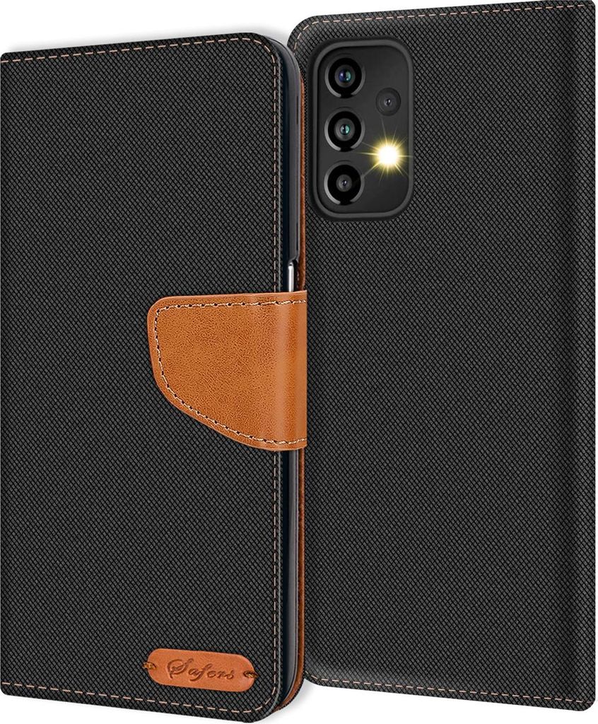 A black flip case for a Samsung Galaxy A53 5G phone is shown, with a brown leather accent and a small logo.
