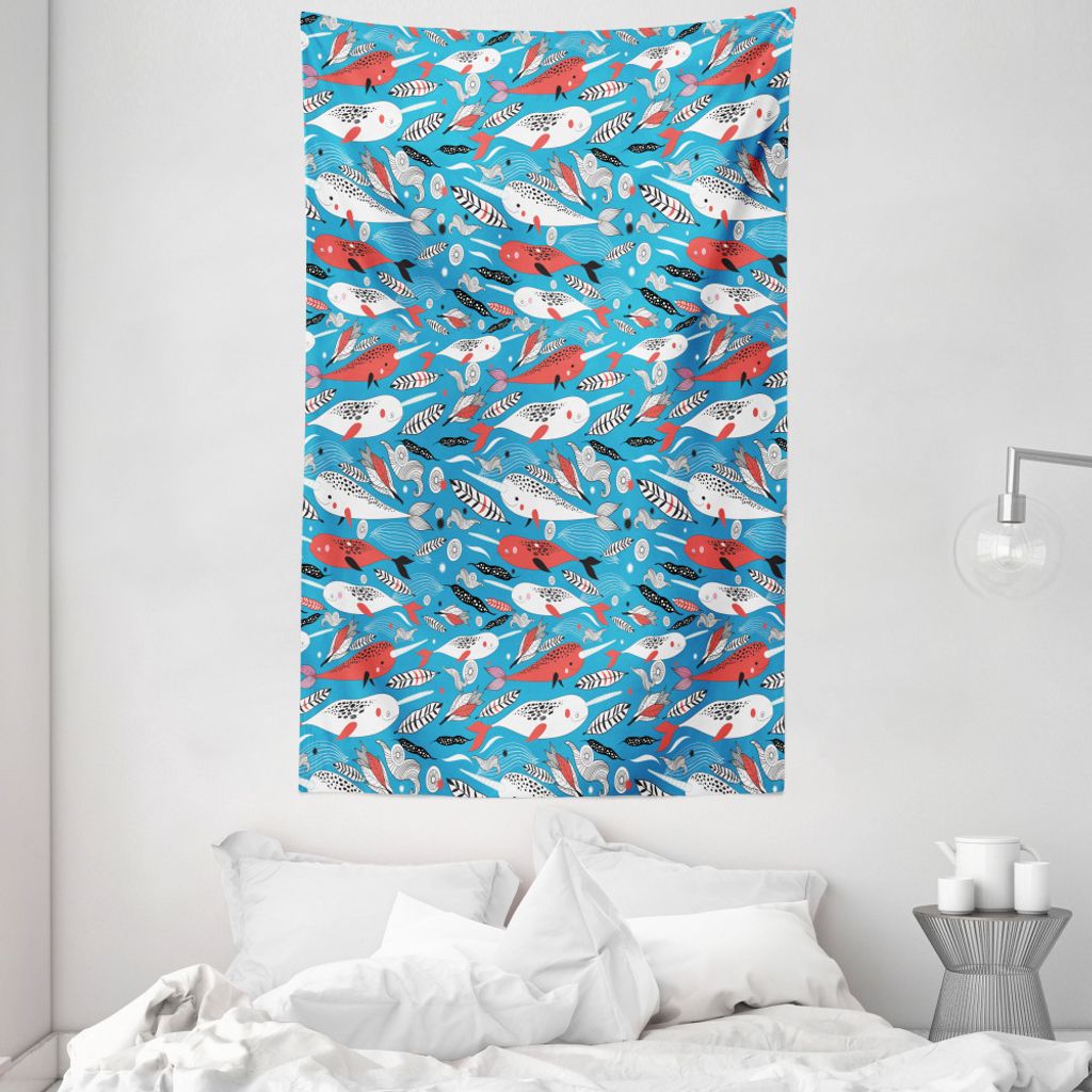 ABAKUHAUS Narwal Wandteppich und Tagesdecke, Unterwasserleben Muster aus Weiches Mikrofaser Stoff Waschbar ohne Verblassen Digitaldruck, 140 x 230 ...