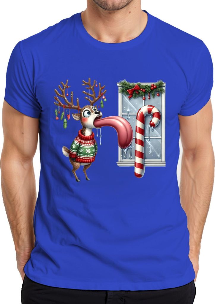 Weihnachtsrentier lange Zunge Zuckerstange lustig Eiszapfen ugly Herren T-Shirt, Blau, XL
