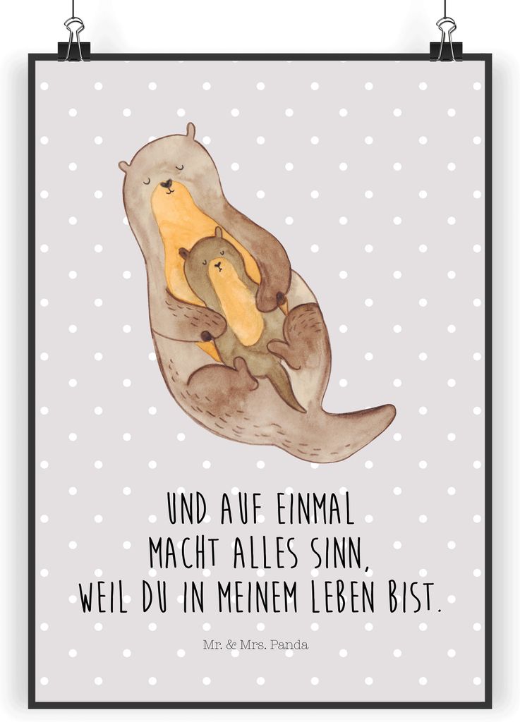 Mr. & Mrs. Panda Bild Otter Kind DIN A4 - Grau Pastell - Geschenk, Tochter, Mama, Posterdruck, Geburt, kunstdruck poster, Familie, wanddeko, Plakat...
