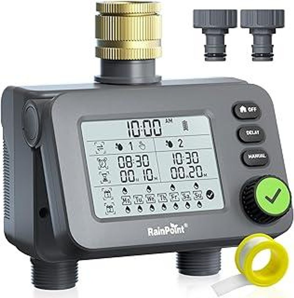 RAINPOINT Bewässerungscomputer 2 ausgänge mit Messingeinlass, Garten Bewässerungsuhr mit Regenverzögerung/Automatischem & Manueller Modus, IP54...