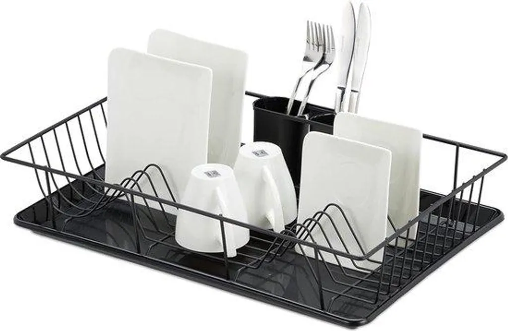 Égouttoir de cuisine noir avec porte-couverts et bac de récupération