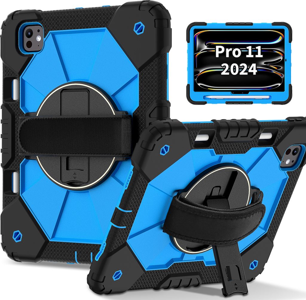 Hülle für iPad Pro 11 Zoll M4 (2024) Tablette Schutzhülle Stoßfeste mit 360 Drehbarer Handschlaufe/Ständer Schwarz Blau