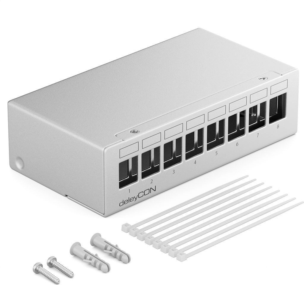 deleyCON 8 Port Patchpanel Gehäuse 1HE für 14,9mm x 17mm Keystone Module mit z.B. RJ45 Koaxialstecker BNC F-Stecker Antennenstecker RJ-11 Cinch K...