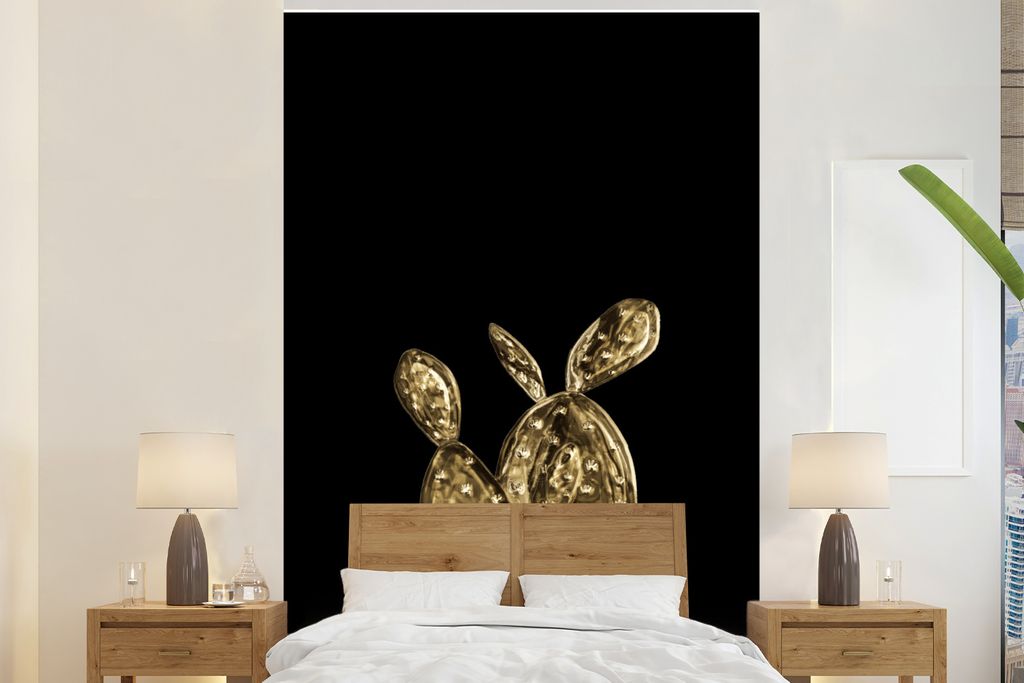 MuchoWow Fototapete für Wohnzimmer oder Schlafzimmer Wandtapete Vinyl Motivtapete Kaktus - Roségold - Schwarz - 200x300 cm - Wanddekorationen