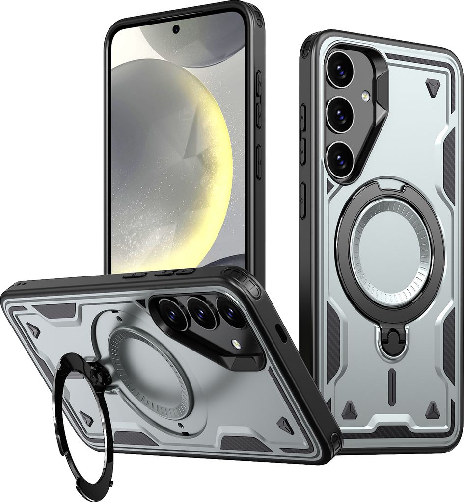 Dual Layer Hülle für Samsung Galaxy S25+ Metall Ring Ständer Magnetisch Stoßfest Militär Handyhülle Grau