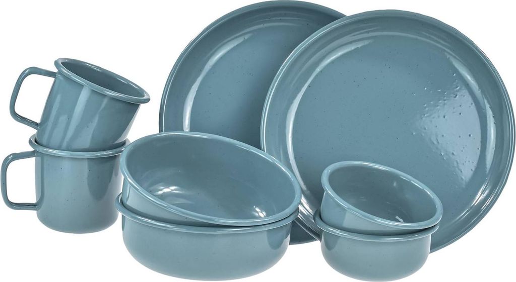 Barebones Geschirrset 8tlg "Rolled Emaille" smoky blue (blau) für 2 Personen im Vintage Retro Stil Outdoor Camping Bushcraft