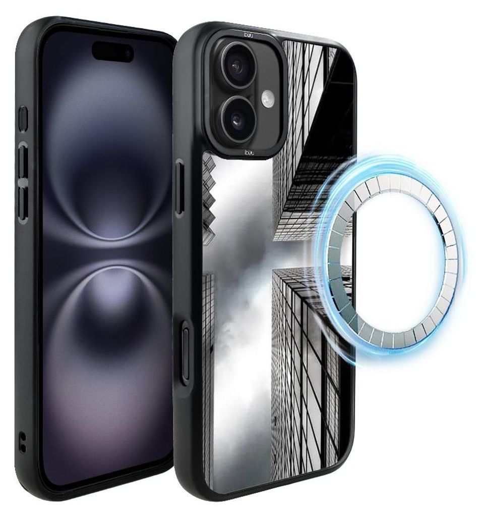 Schutzhülle für das iPhone 16 Plus, MagSafe-kompatibel, mattschwarze Seiten, Wolkenkratzer