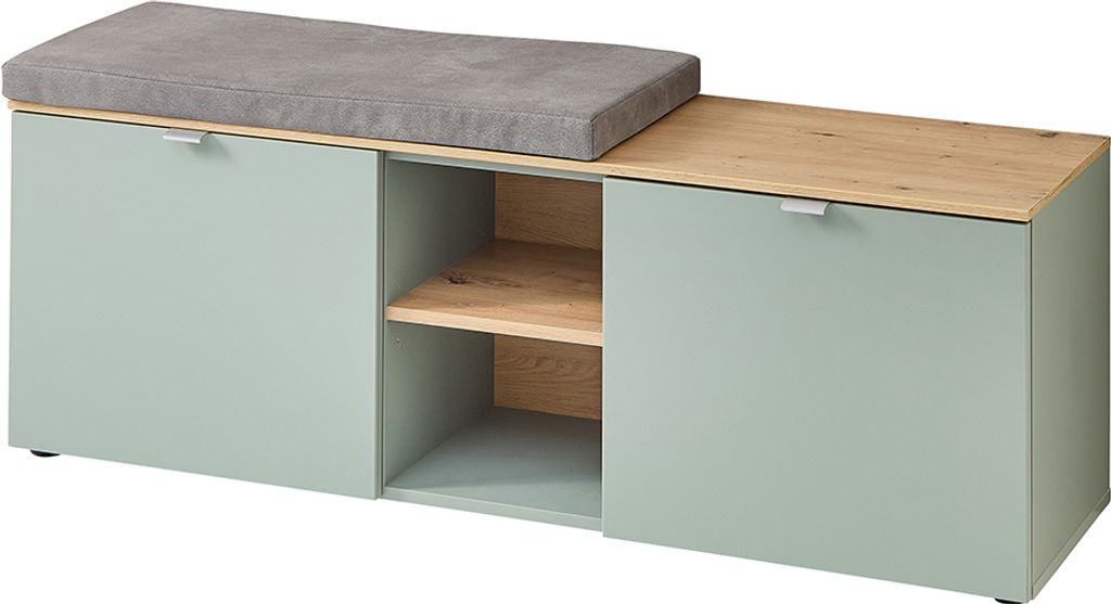 Schuhbank mit Sitzpolster 128 cm breit grün matt mit Eiche BLISS-36