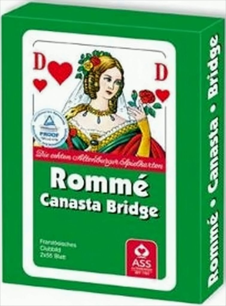 A green box of playing cards for Rommé, Canasta, and Bridge games.