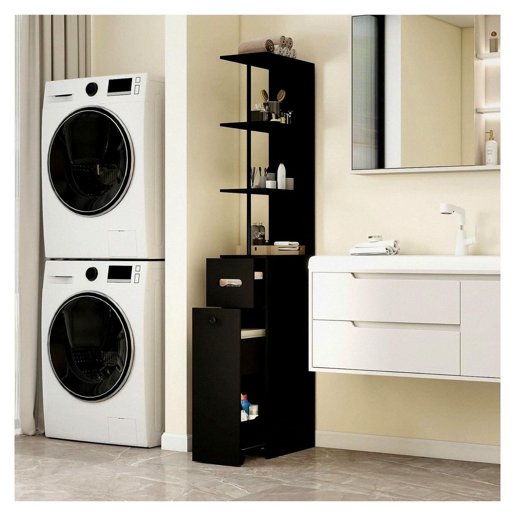 Hochschrank für das Badezimmer, schmaler Badezimmerschrank mit Schubladen und offenem Fach, Kippsicherung, Toilettenschrank, Aufbewahrungsschrank ...