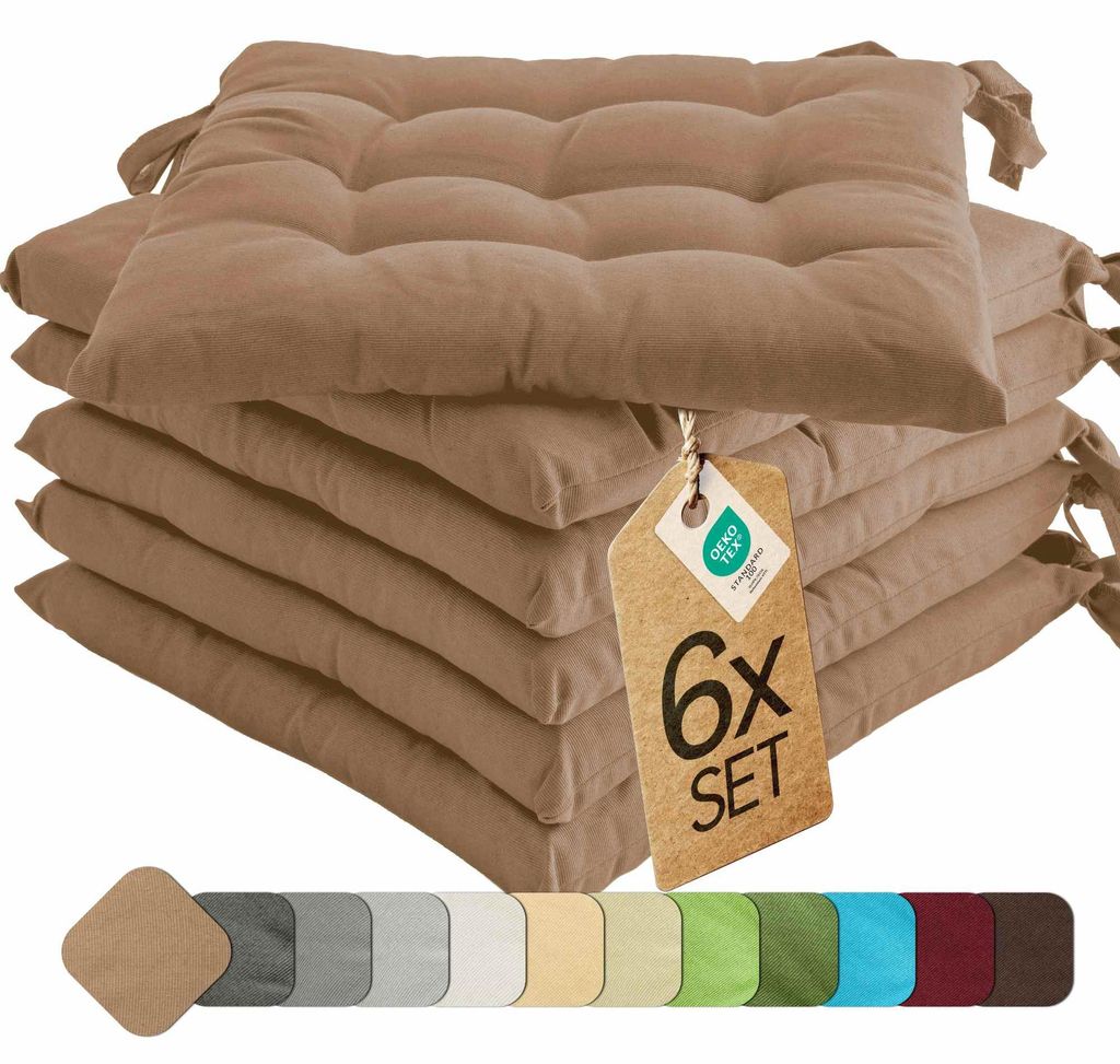 Sitzkissen Stuhlkissen Indoor & Outdoor 6er Set 40x40 cm - Taupe - etérea Stuhl Kissen Auflage mit Bändern