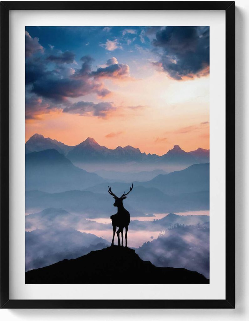Hirsche auf einem Berggipfel– Wandbild mit Rahmen – Gerahmtes Bild – Wanddekoration – 60x80 cm – Schwarz Rahmen
