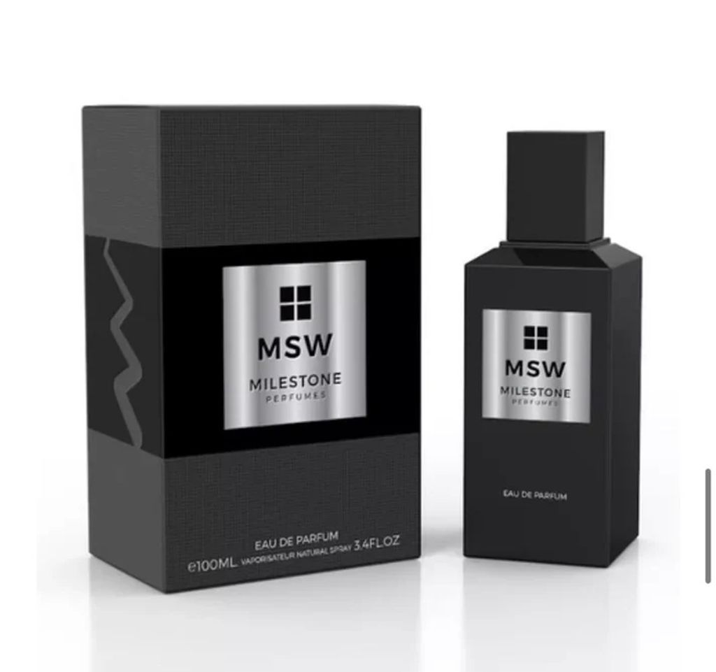 A black perfume bottle and its packaging are displayed against a white background.