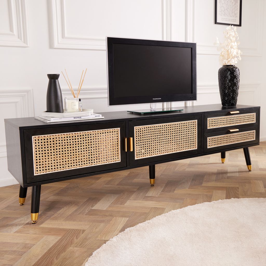 riess-ambiente Retro Design Lowboard VIENNA 160cm schwarz Wiener Geflecht TV-Bank Kommode Anrichte