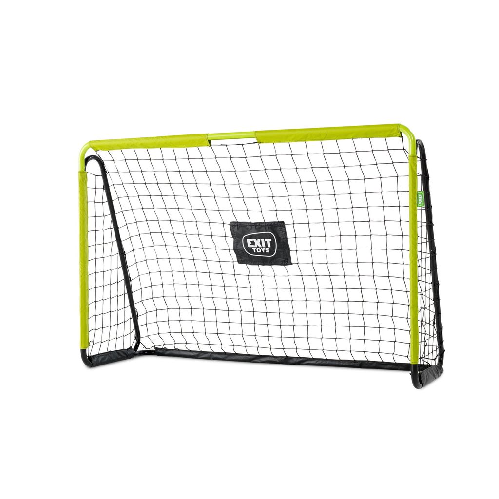 A soccer goal with a net and a green frame, shown against a white background.