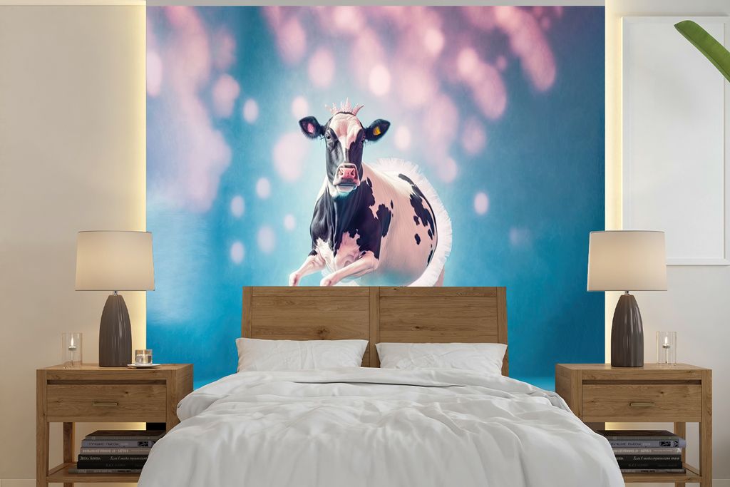 MuchoWow Fototapete für Wohnzimmer oder Schlafzimmer Wandtapete Vinyl Motivtapete Kuh - Krone - Ballett - Blau - Rosa - Kinder - 280x280 cm - Hi...