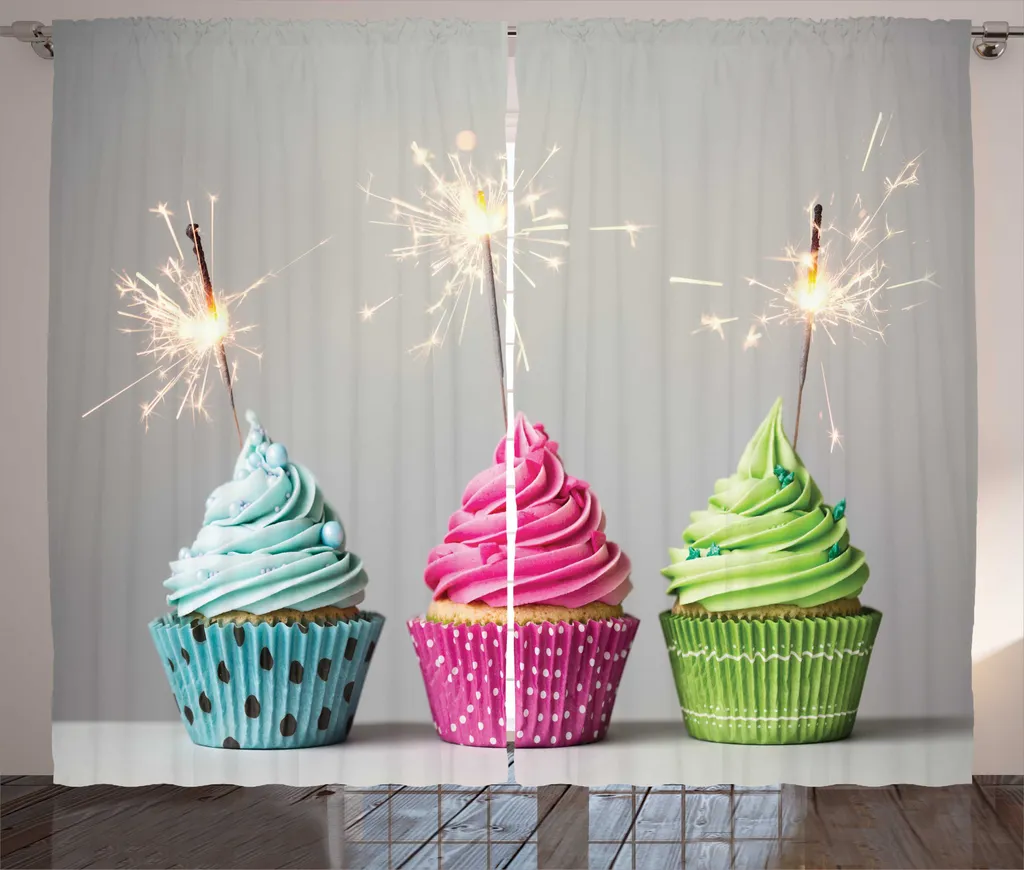 Rideaux de Salon Imprimés Cupcakes Festifs avec Crochets 280 x 225 cm