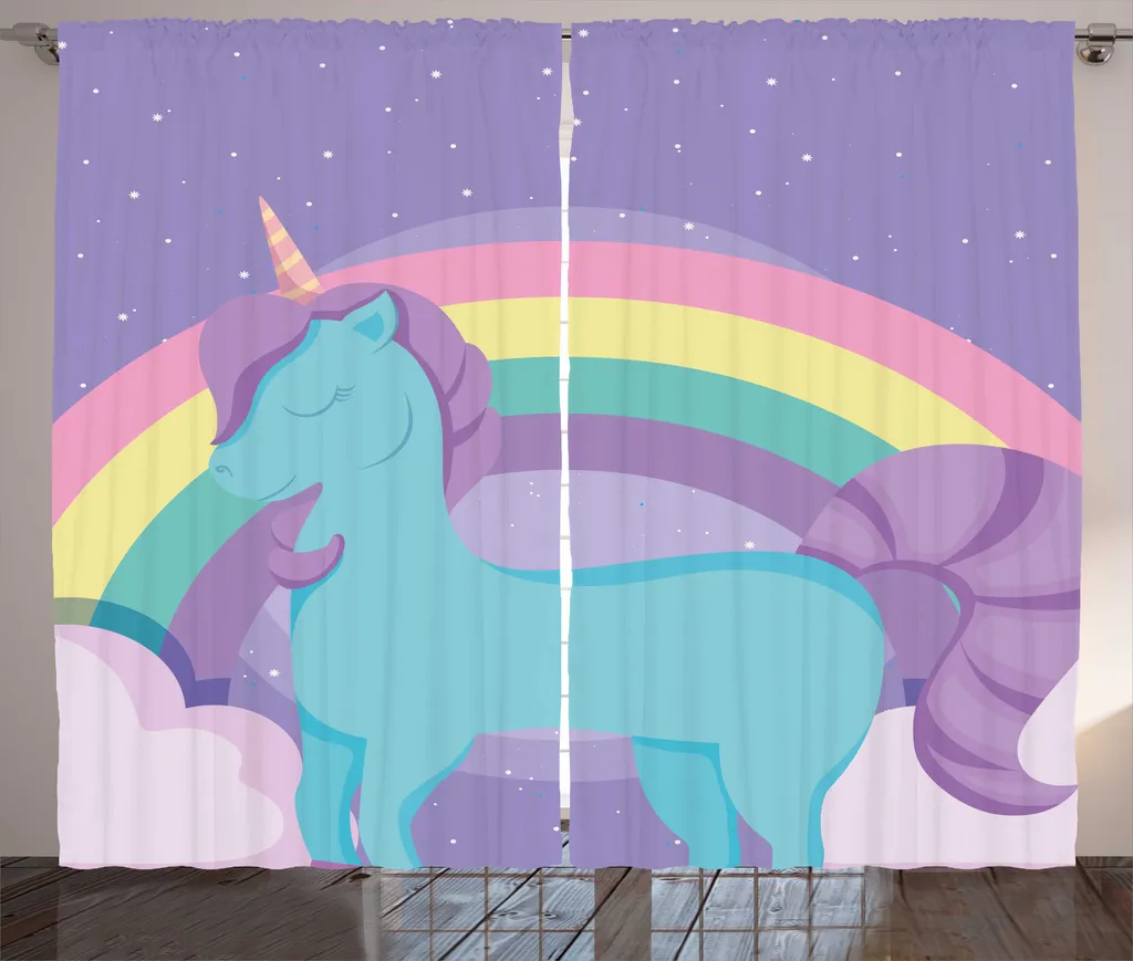 Rideau Ruban Froncé Licorne Bleu Lavande avec Crochets 280x225 cm