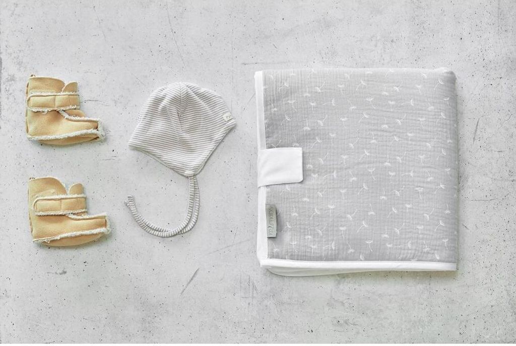 KraftKids Reisewickelunterlage Musselin grau Pusteblumen 3 Lagen wasserundurchlässig weich Frotte 100% Baumwolle