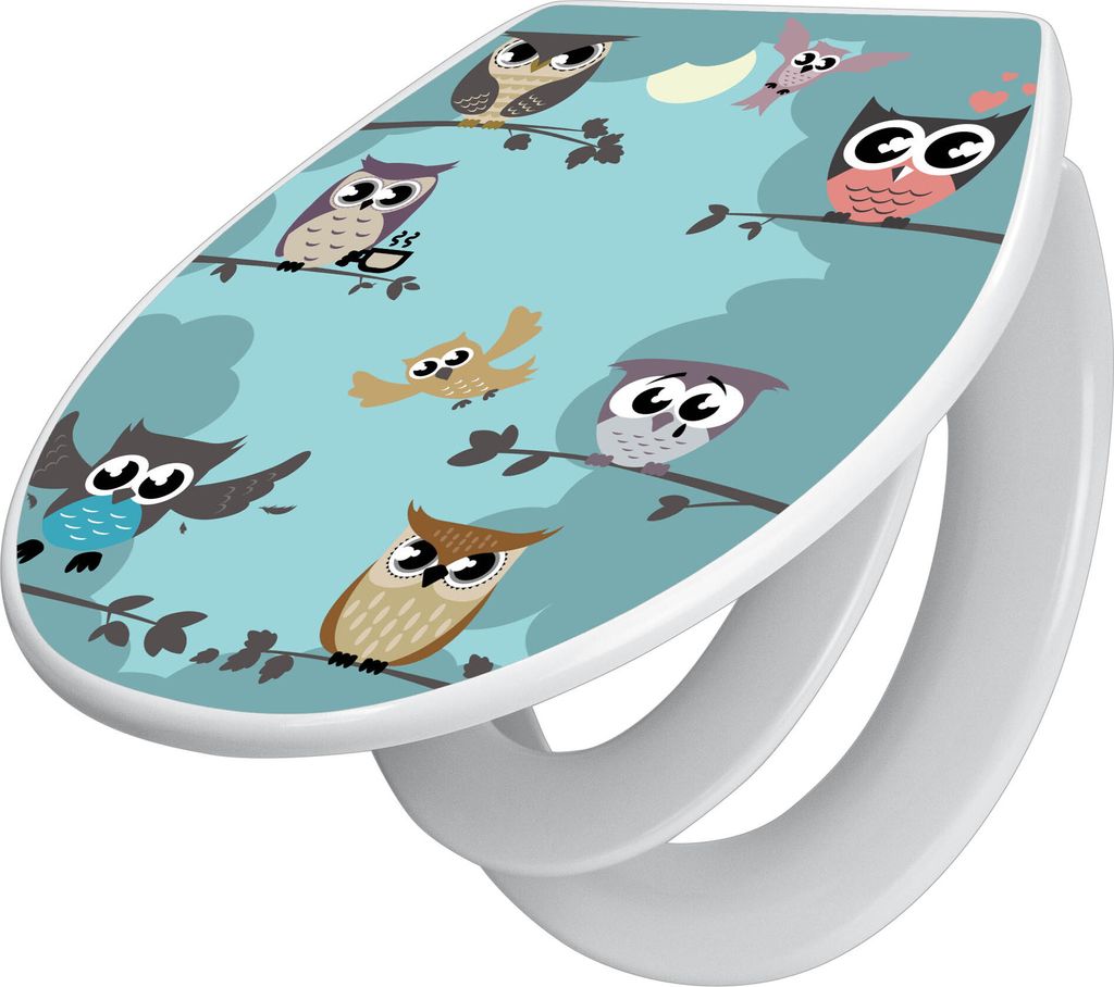 banjado Familien WC Sitz mit Absenkautomatik 37x44,5x5cm -Acht Eulen - Klodeckel/Klobrille mit kindersitz aus hochwertigem Polypropylen - universel...