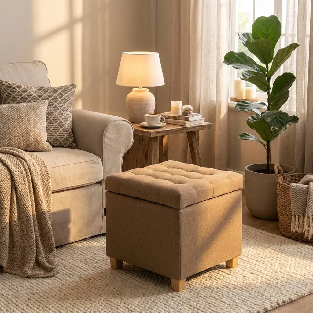 Tabouret de rangement beige avec coussin matelassé café pour salon