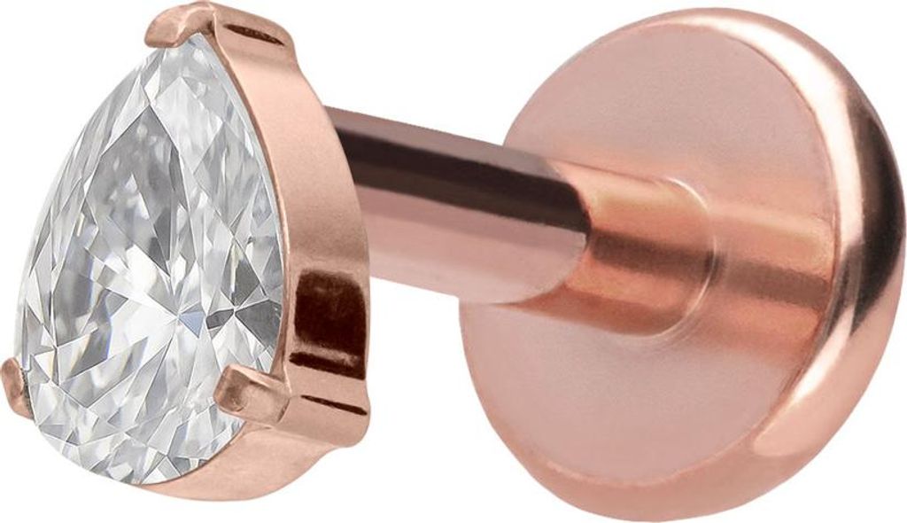 Ohrpiercing, Nasenpiercing Titan Labret mit Push Fit KRISTALLTROPFEN RoséGold Stablänge: 6mm | Stabstärke: 1,2mm | Discgröße: 5 x 7mm
