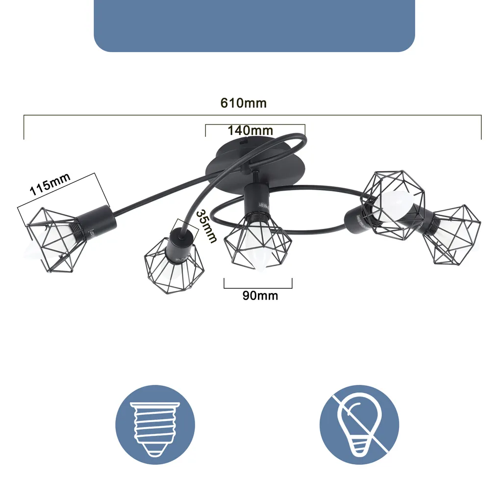 Plafonnier Orientable à 350° Noir 5 Spots E14 pour Éclairage Intérieur Rétro - 3