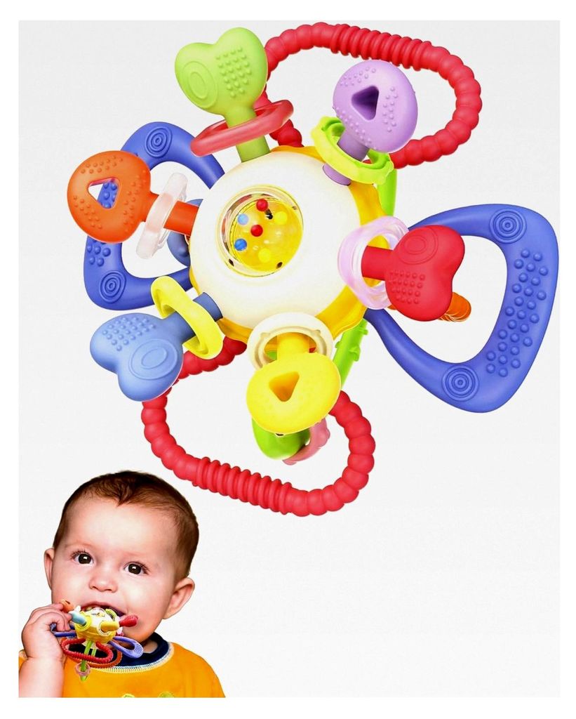 Greifball und Rassel aus BPA-freiem Silikon, Beißring-Spielzeug für 0-12 Monate, Multifunktionales Montessori Geschenk in leuchtenden Farben