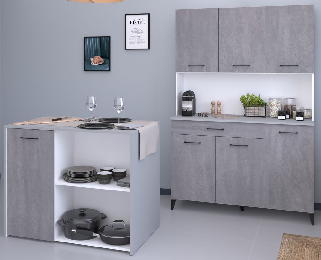 Parisot Küchenschrank Set mit Buffetschrank und Insel, Beton grau / weiß