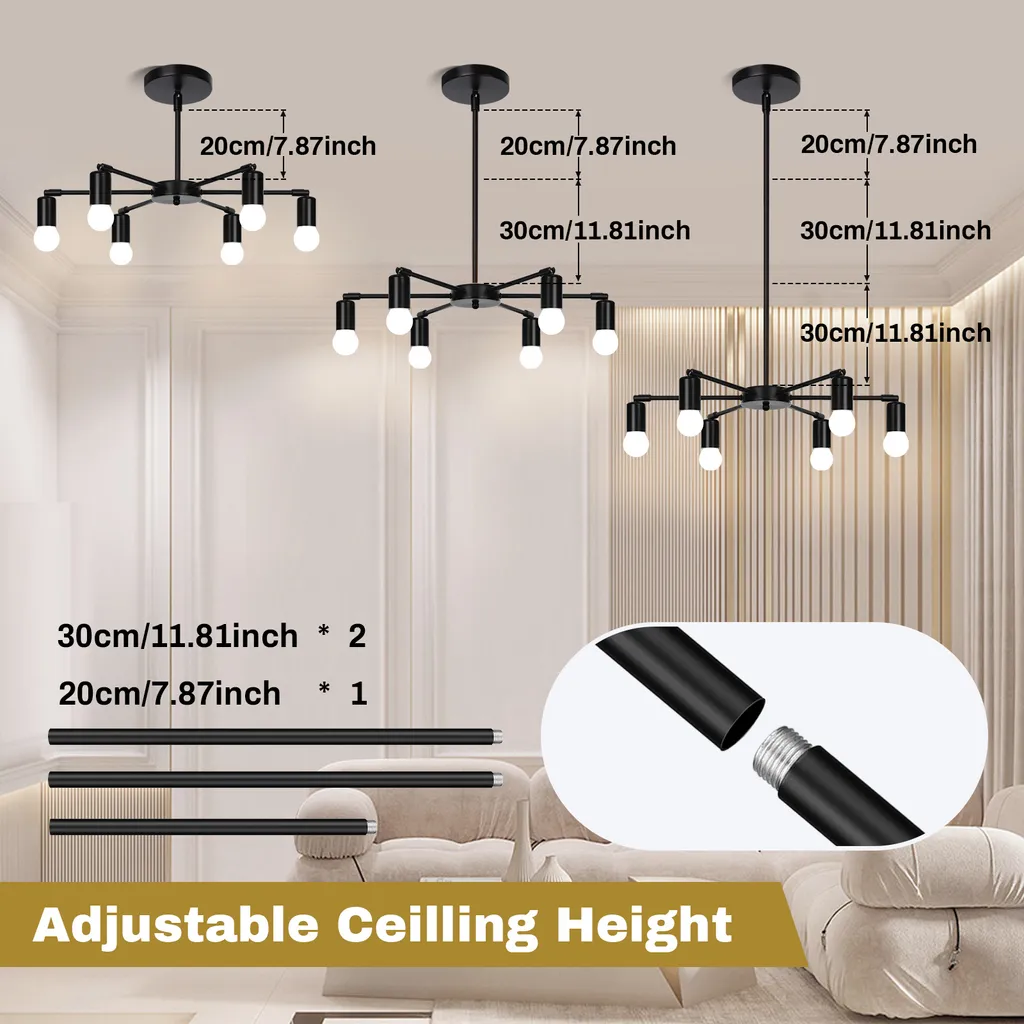 Lustre Noir Rétro 6 Lampes E27 : Solution Éclairage Puissant et Déco - 3