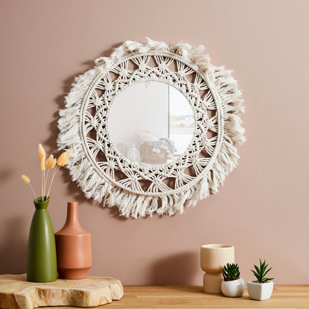 Wandspiegel Boho/Ibiza - Makramee - rund - natur - D55 cm Produktbild 