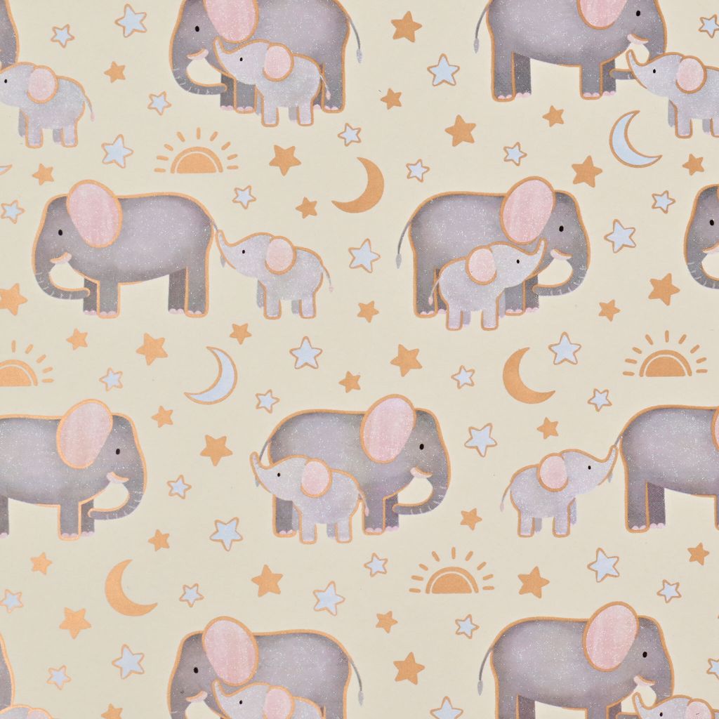 Geschenkpapier Elefant mit Baby 70cm x 2m Rolle Mond & Sterne Motiv