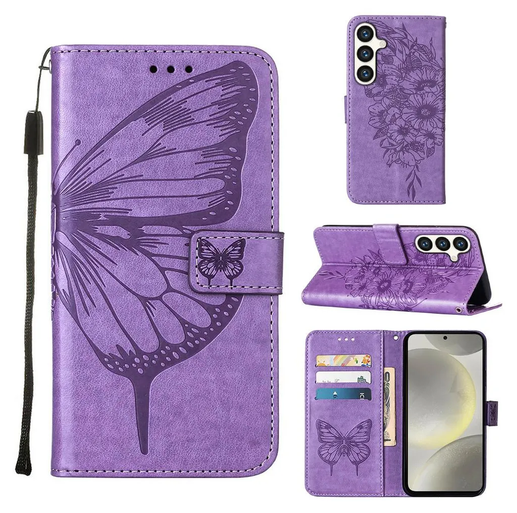 Custodia per Samsung Galaxy S24, Custodia a farfalla in pelle flip con slot per carte e supporto viola