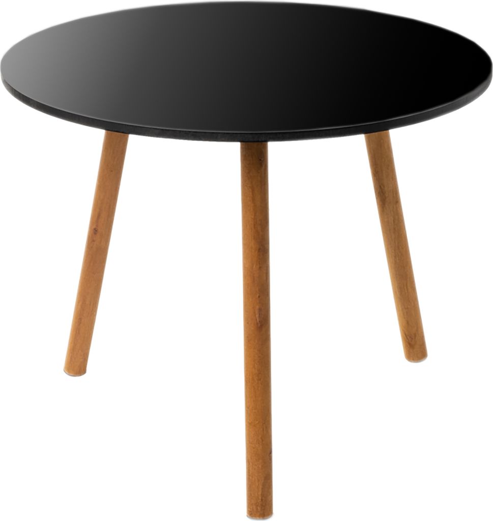 A black round table with three wooden legs on a white background.