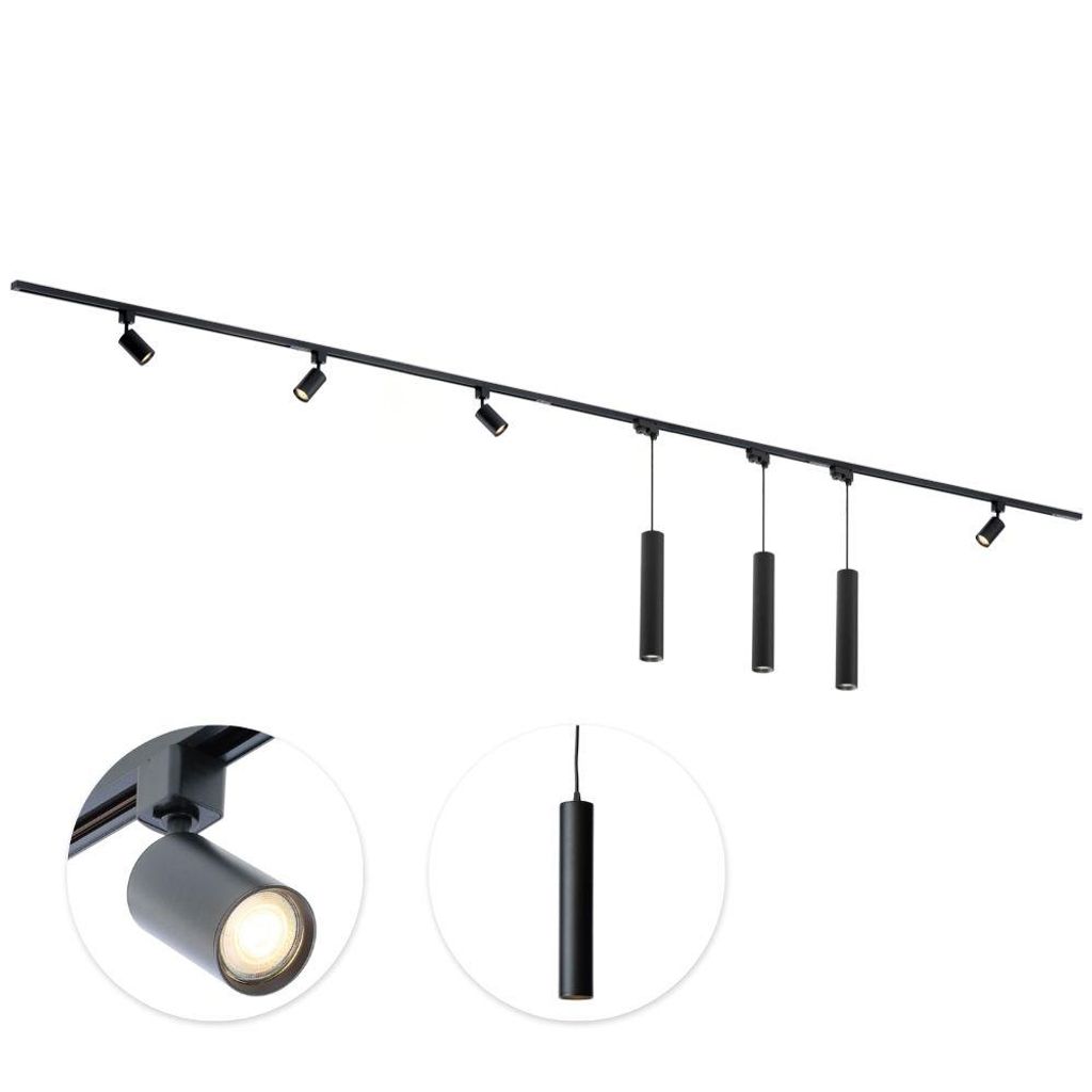Qub Focus III - 1-Phasen Schienensystem - 400cm - 4 Spots & 3 Pendelleuchten - Schwarz - LED