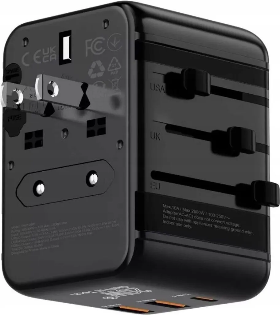 Prise de voyage universelle multi-pays avec ports USB-C et USB 20W Noir