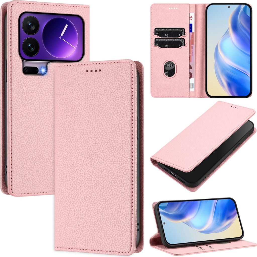 Litchi Leder Handyhülle für Xiaomi 17 Pro Wallet Kartenfächer Standfunktion Hülle Pink