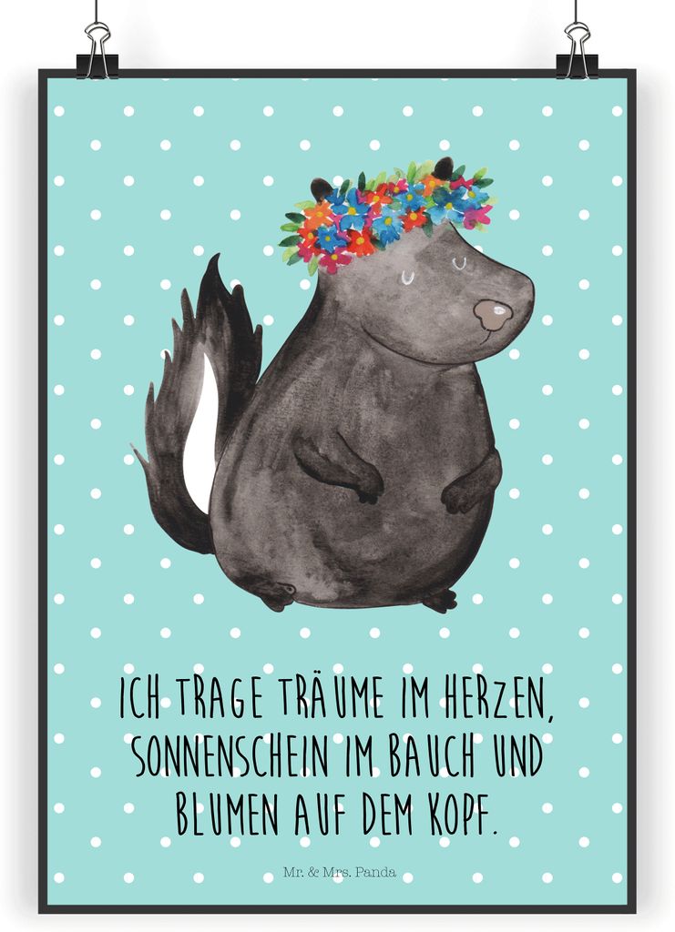 Mr. & Mrs. Panda Bild Stinktier Mädchen DIN A4 - Türkis Pastell - Geschenk, Kunstdruck, Plakat, Skunk, Wandbild, Namaste, Posterdruck, Yoga, Raub...