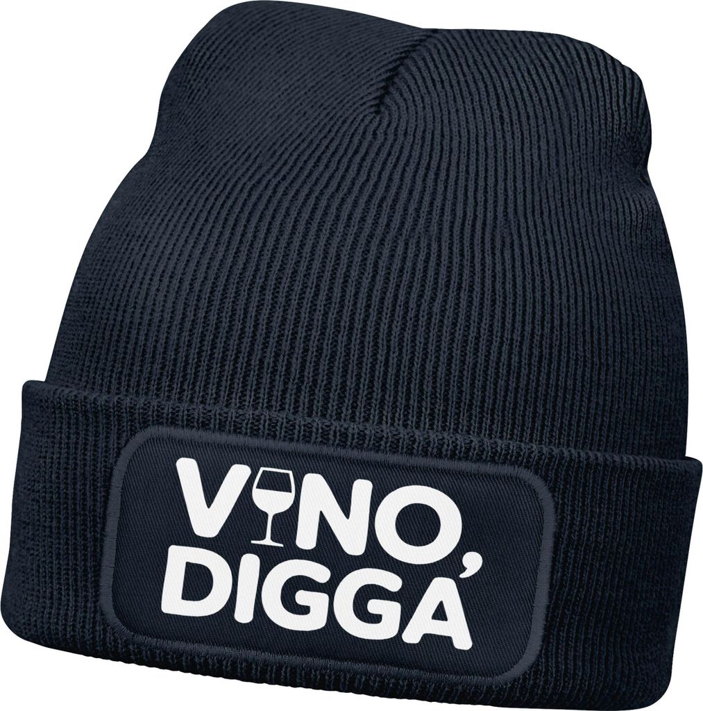 Herren Beanie Strickmütze mit Spruch Aufdruck Lustig Vino Digga Mütze Männer Geschenk Weinliebhaber Moonworks