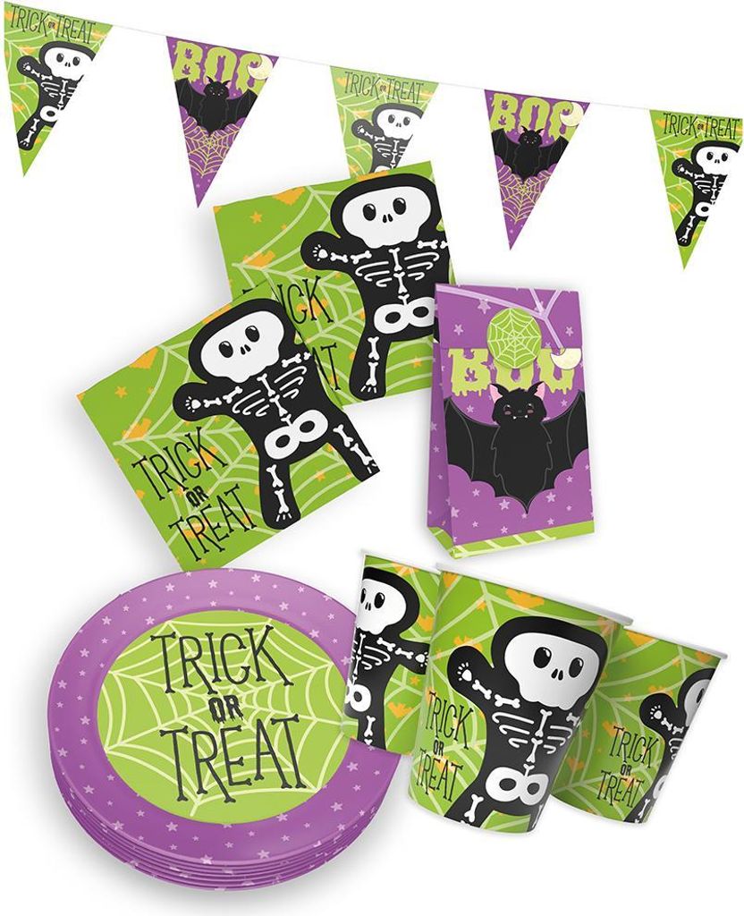 Halloween Skelett Partyset – Teller Becher Servietten Wimpel Geschenktüten Set